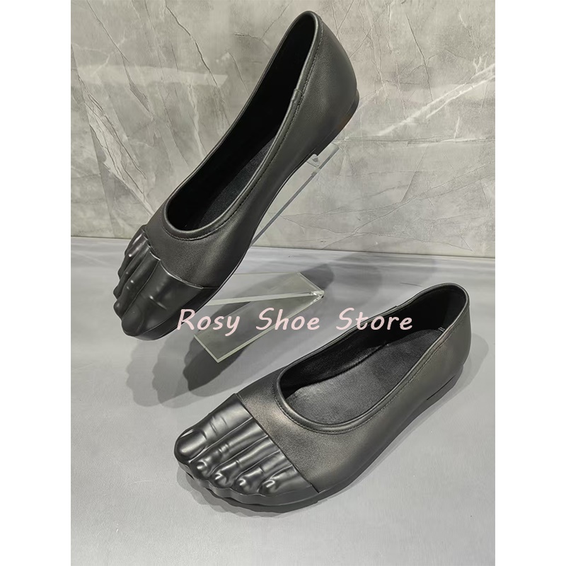 Peculiar Five Toe Design Black Apricot Leather Shallow Mouth Women's Casual Shoes Spring Autumn Flat Slip On Street Style Shoes