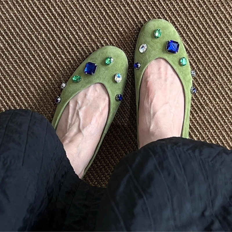 Luxury Colorful Gemstone Flats Women Comfortable Round Toe Shallow Suede Loafers for Ladies Elegant Brand Designer Casual Shoes