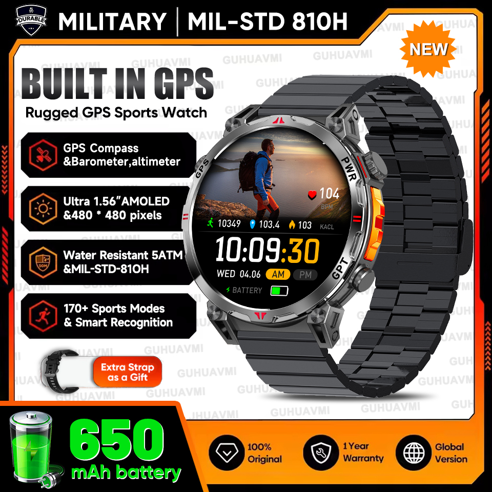 2025 New Military T-Rex3 GPS Smart Watch 5ATM Waterproof 650mAh Battery Heart Rate Compass AI GPT Sports tracker Smartwatch Men