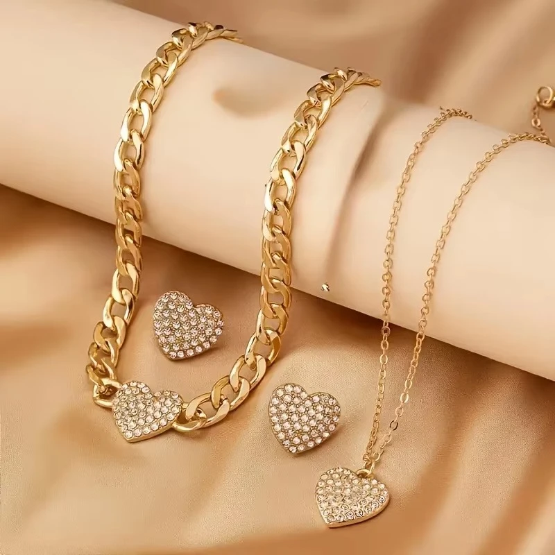 Diamond-Encrusted Heart Lock Pendant Necklace - Three-Piece Hip Hop Style Choker Set