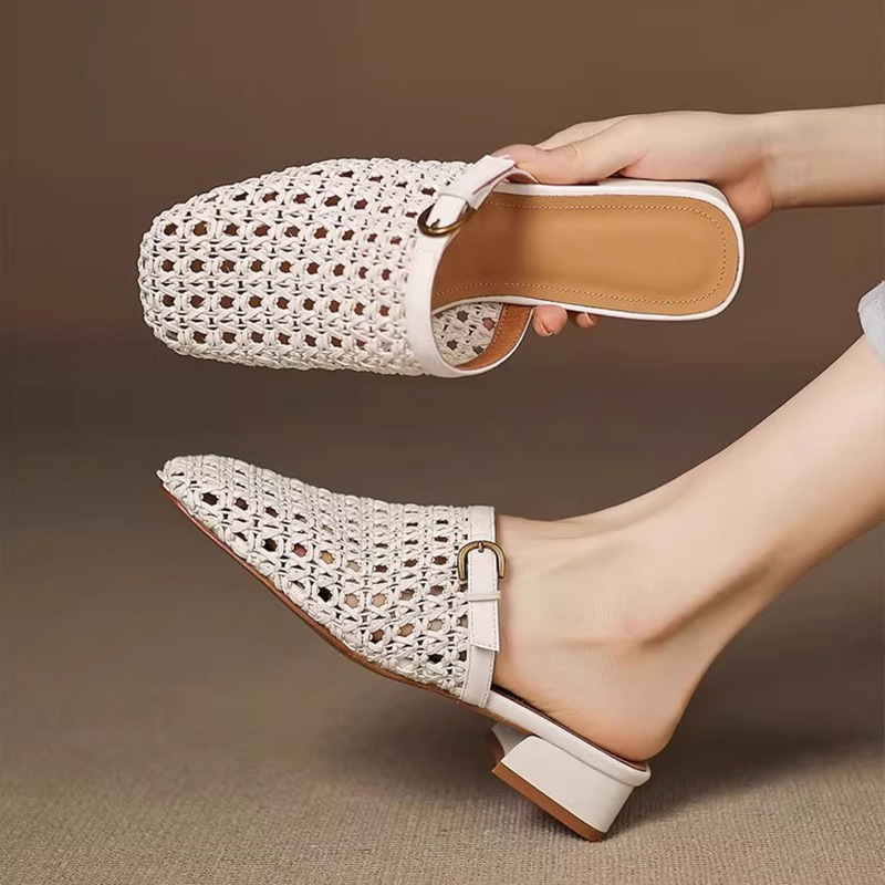 French Retro Fashion Woven Breathable Hollow Women's Slippers Bag Head Half Drag Summer Wear Low-heeled Casual Mesh Muller Shoes