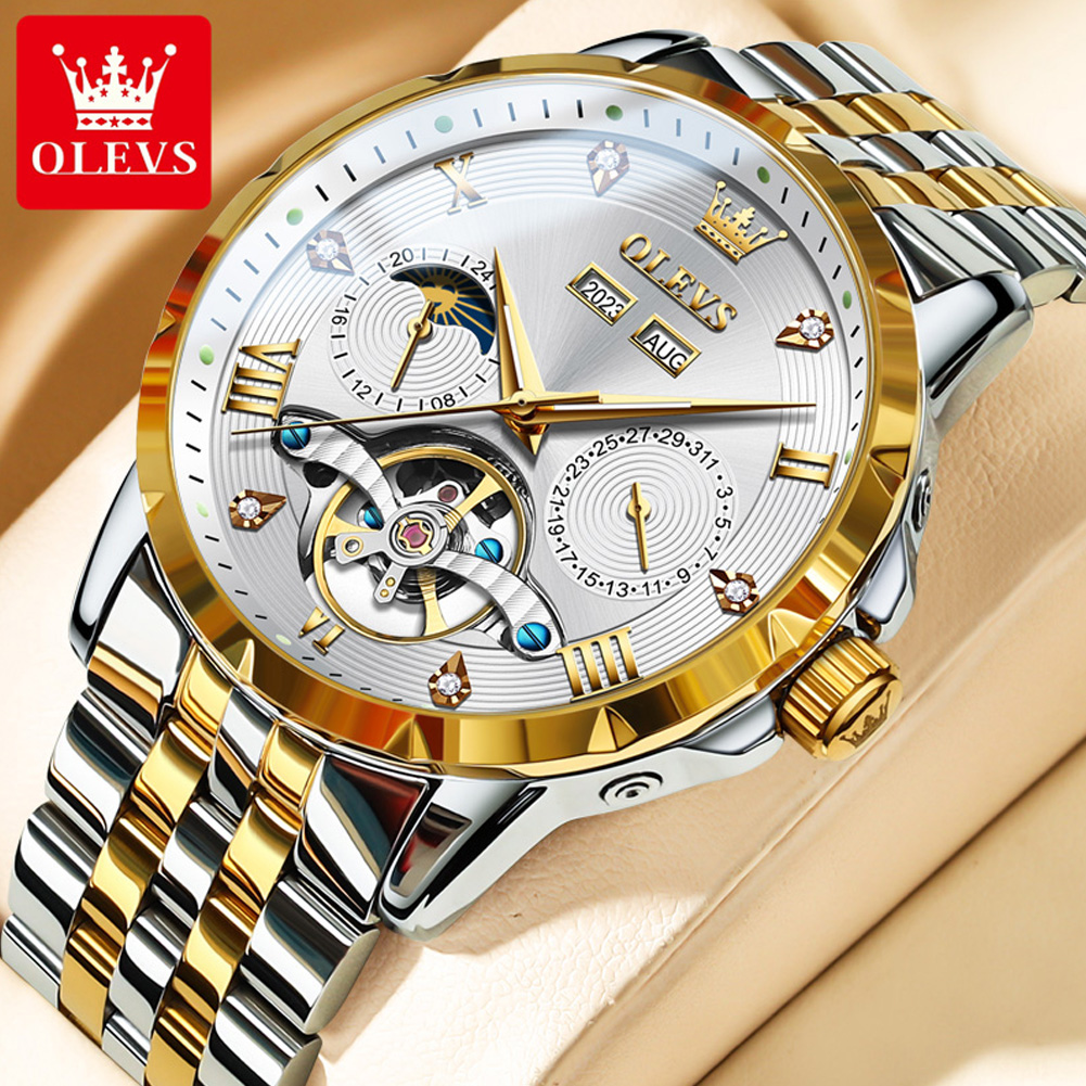 OLEVS Skeleton Multifunctional Men's Watch Automatic Mechanical Luxury Wrist Watch For Men Waterproof Stainless Steel Strap 6691