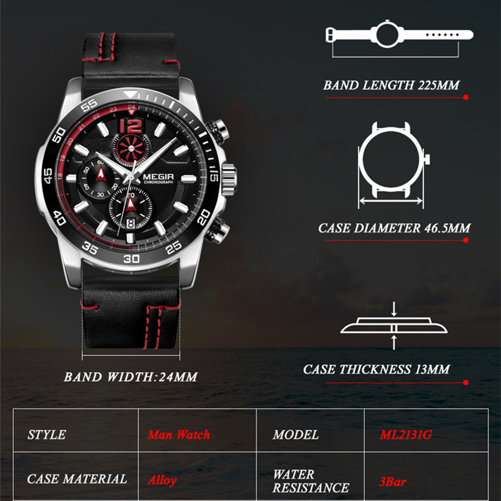 MEGIR Brand Original Men Watches Quartz Chronograph Luxury Leather Strap Sports Military Watch Waterproof Date Clock Wristwatch