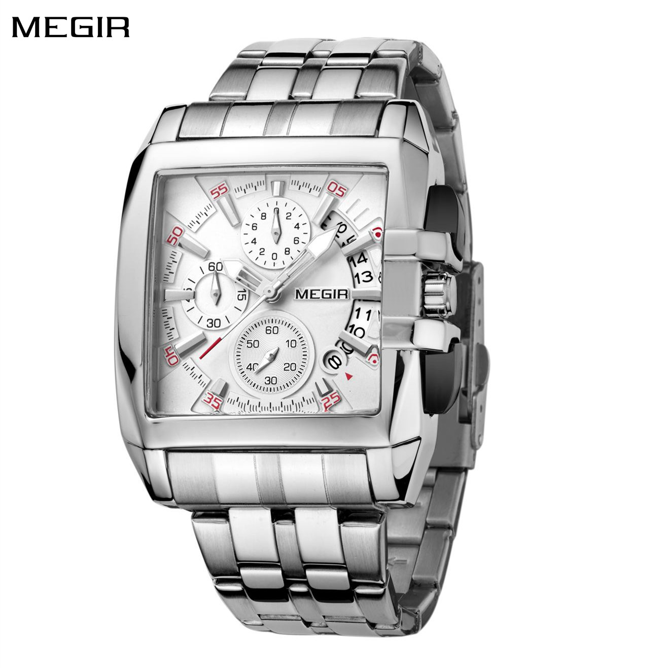 MEGIR Original Luxury Men Watch Stainless Steel Quartz Military Wristwatch Business Big Dial Chronograph Relogio Masculino 2018