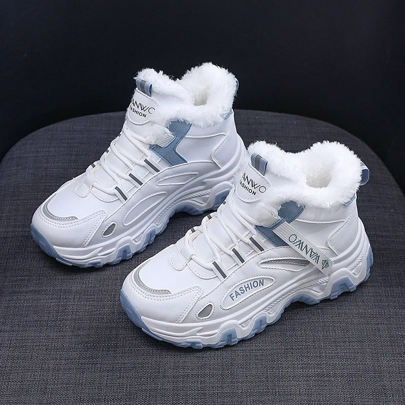 Women's White Winter Sneakers with Plush Lining and Chunky Sole - Warm High-Top Athletic Shoes for Cold Weather zapatos de mujer