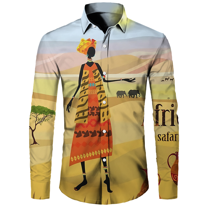 African Ethnic Pattern Hawaiian Shirts For Men Retro Drum 3D Printed Blouse Autumn Fashion Casual Loose Aloha Shirts Long Sleeve