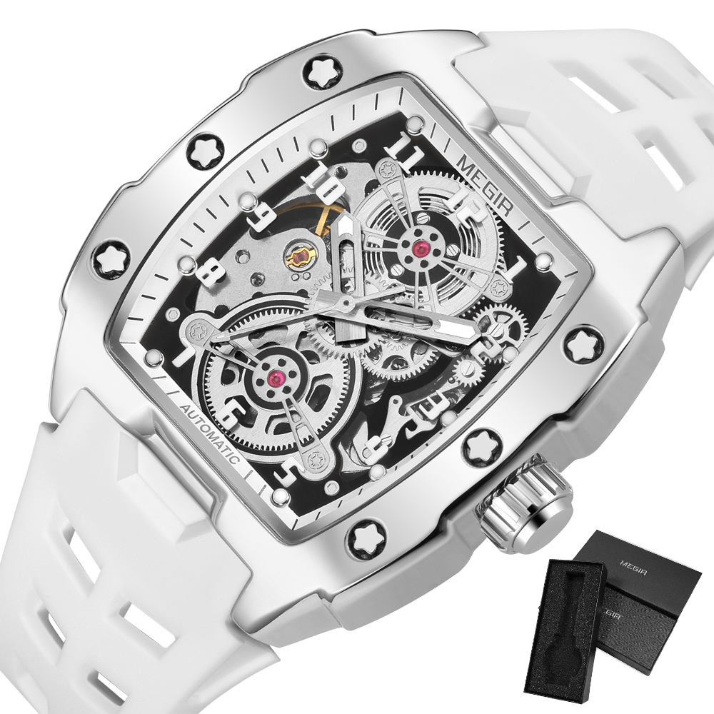 MEGIR Blue Automatic Mechanical Watch for Men Fashion Casual Sport Waterproof Wristwatch Male with Silicone Strap Tonneau Dial