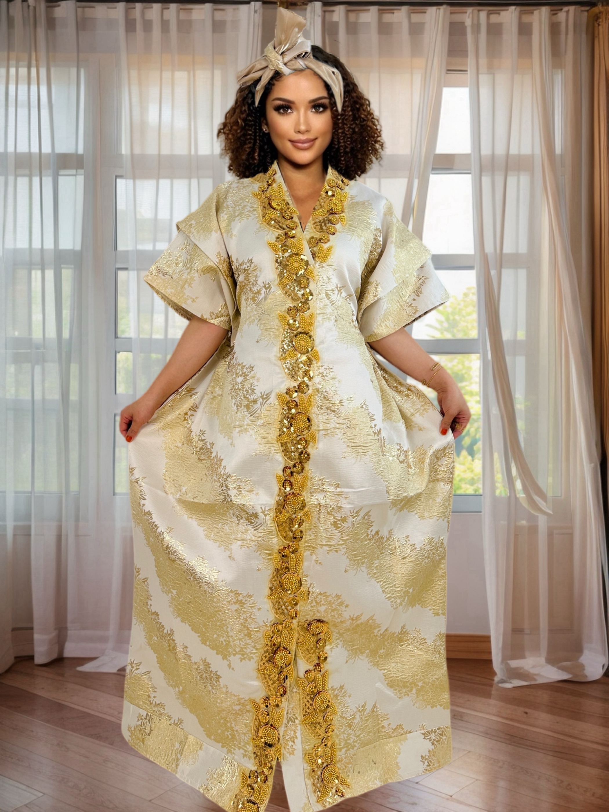 Women's Elegant Rhinestone Embellished Long Kaftan Dress Abaya Shinny Stylish Traditional African Outfit