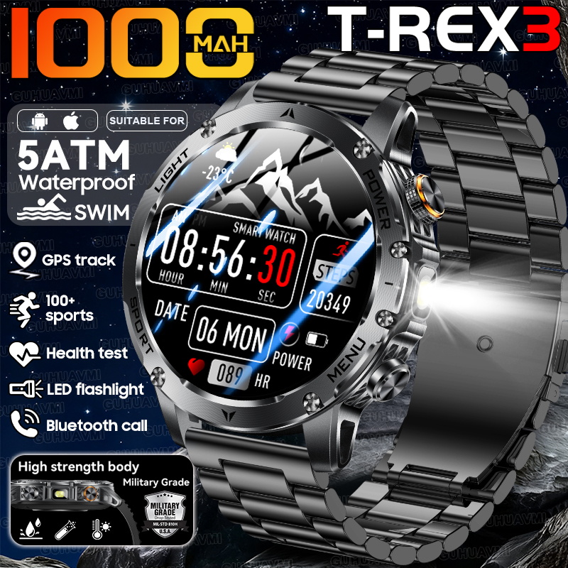 2025 New T-Rex 3 Military Grade 1000mAh Battery Smart Watch 5ATM Waterproof HD AMOLED LED Flashlight Call Men Sports Smartwatch