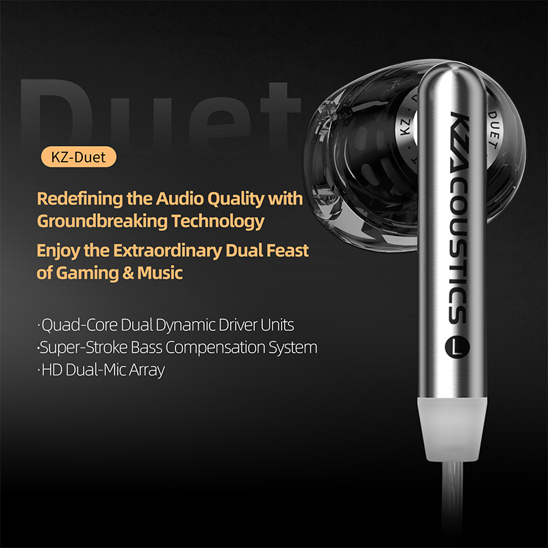 KZ Duet Quad Core Dual Dynamic Drivers In-ear Wired Headphones for HiFi Music Gaming Stereo Sound Quality Headphones