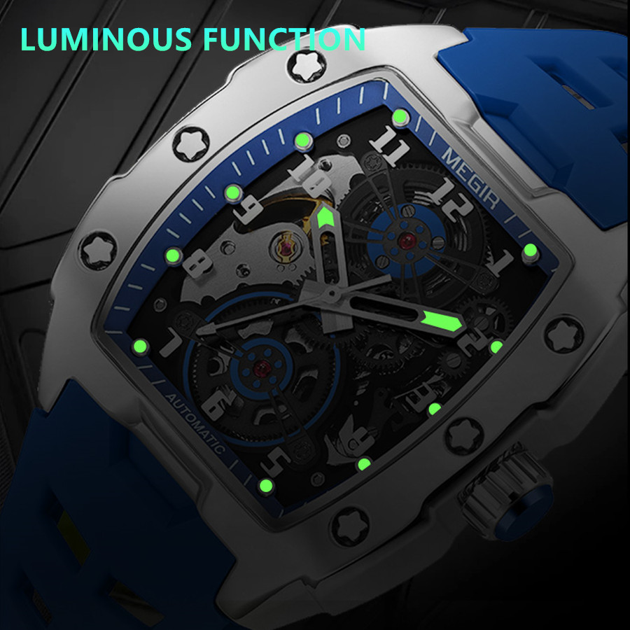 MEGIR Black Silicone Bracelet Men's Mechanical Watch Luxury Automatic Movement Skeleton Men Wristwatch Luminous Hands Watches