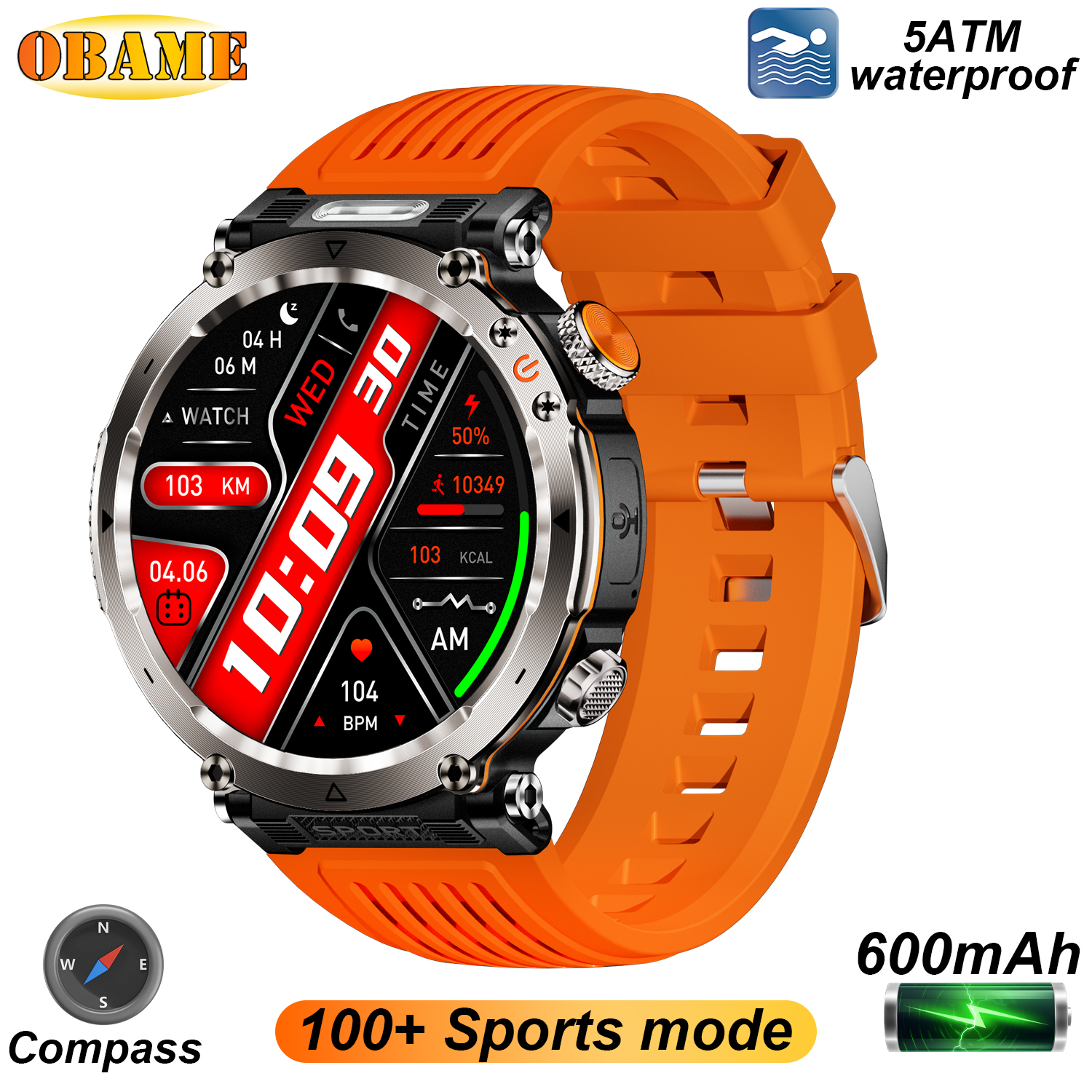 5ATM Outdoor Smart Watch Men 600mAh LED Flashlight SmartWatch Compass Bluetooth call Heart rate IP 68 Sports Smartwatch 2025 New