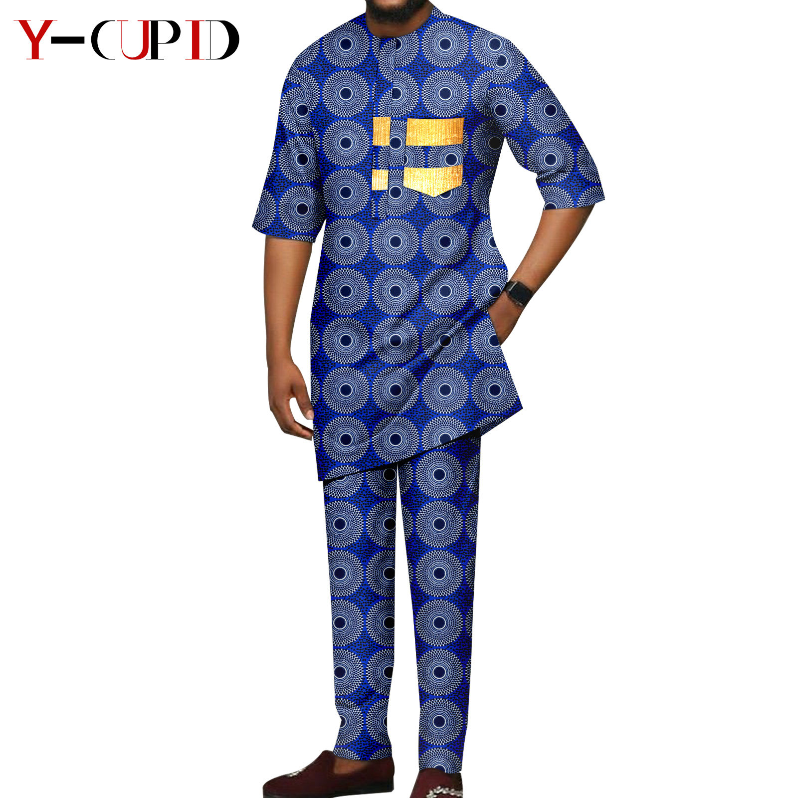 African Print V-neck Dresses for Women Couple Matching Men Outfits Top and Pant Sets Dashiki Bazin Riche Lover Outwear Y23C086