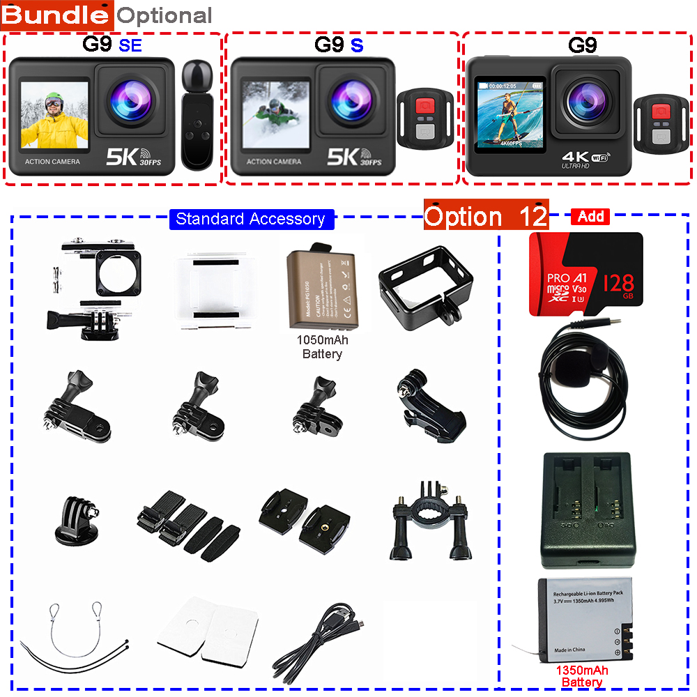 Action Camera 5K 4K60FPS 50MP 2.0 Touch EIS Pre-Record Wireless Mic Wi-Fi 170D DVR Webcam Waterproof 30M 5X Zoom Sports Camera