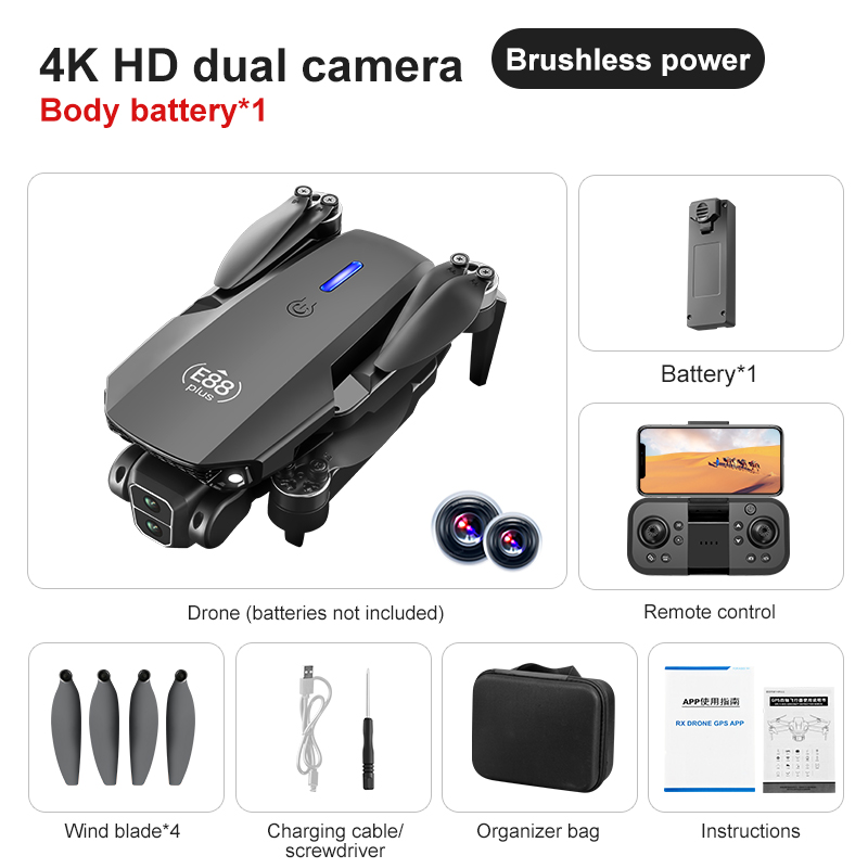 New Upgraded Drone E88 Plus 4K Dual-Camera HD Aerial Photography Dron with Screen Foldable Quadcopter RC Toy for Kids Boys Gifts