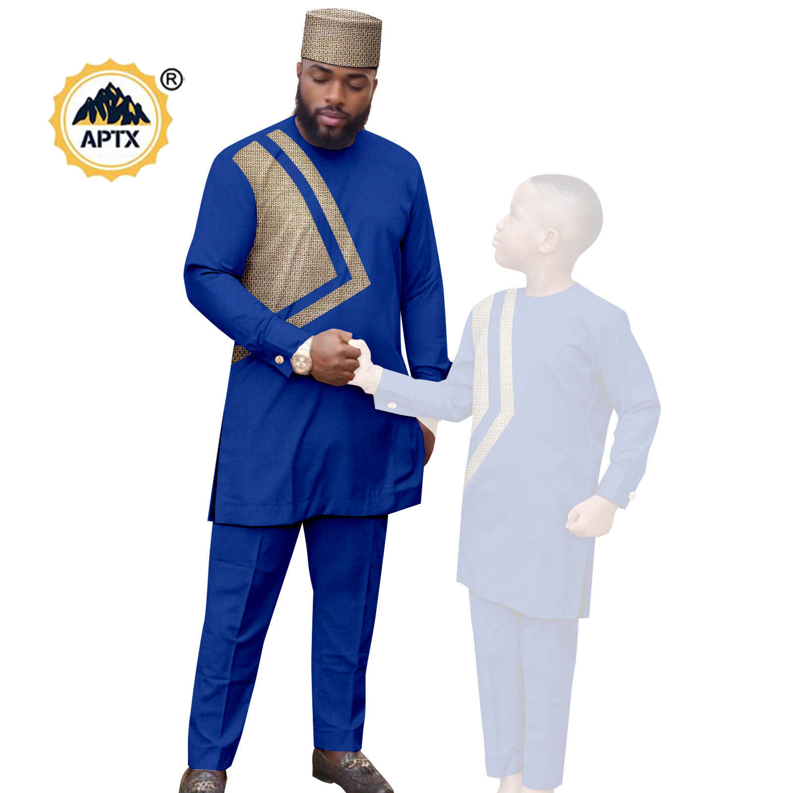 African Clothes for Family Dashiki Men Outfits Hat Top Shirt and Pant Sets Bazin Riche Father and Son Children Outwear 24F024