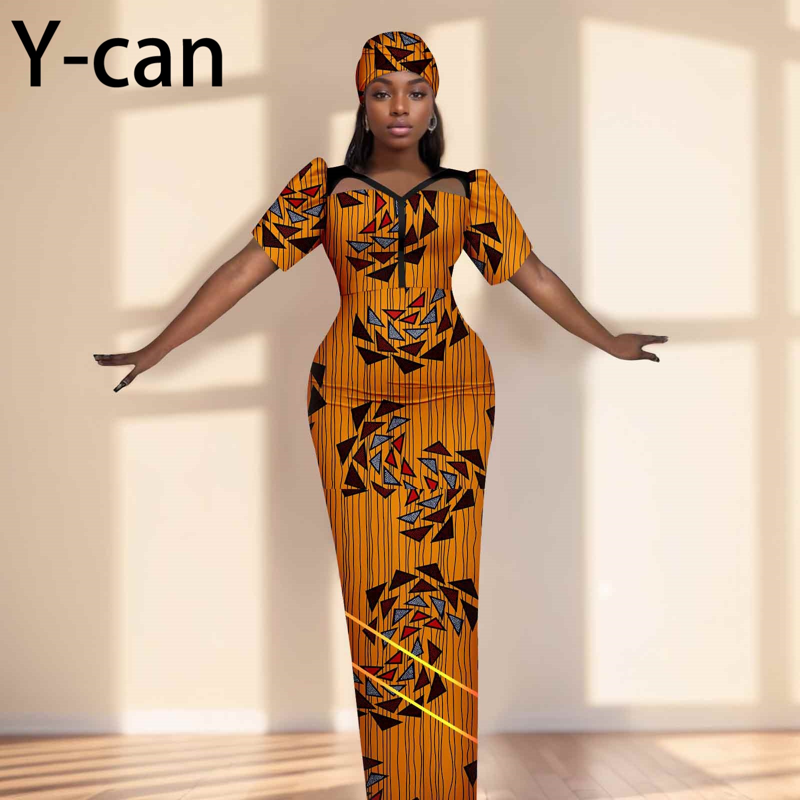 Party Gown African Dresses for Women Slim Fit Short Sleeve Dress Evening Vestidos with Headwrap Dashiki Ankara Print 2525071