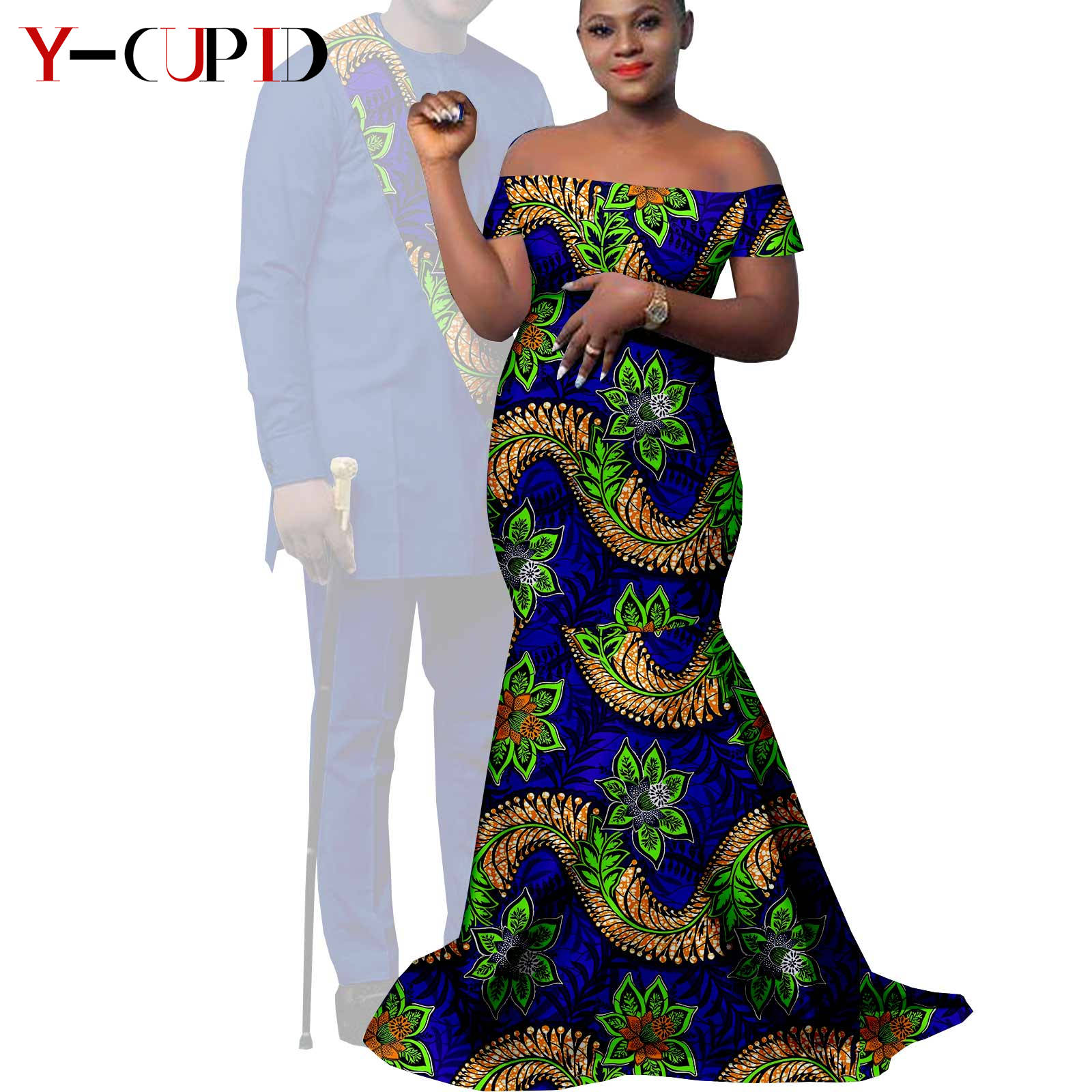 African Clothes for Couples Bazin African Print Long Dresses for Women Match Men Outfits Dashiki Top and Pants Sets Y22C023