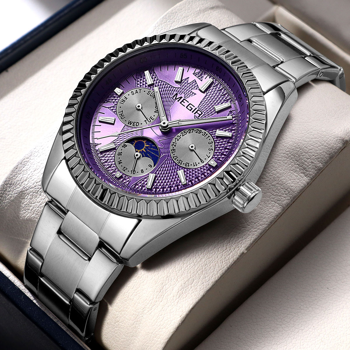 MEGIR Men's Quartz Watch with Stainless Steel Strap Fashion Business Style Wristwatch with Day Date 24-Hour Moon Phase Function