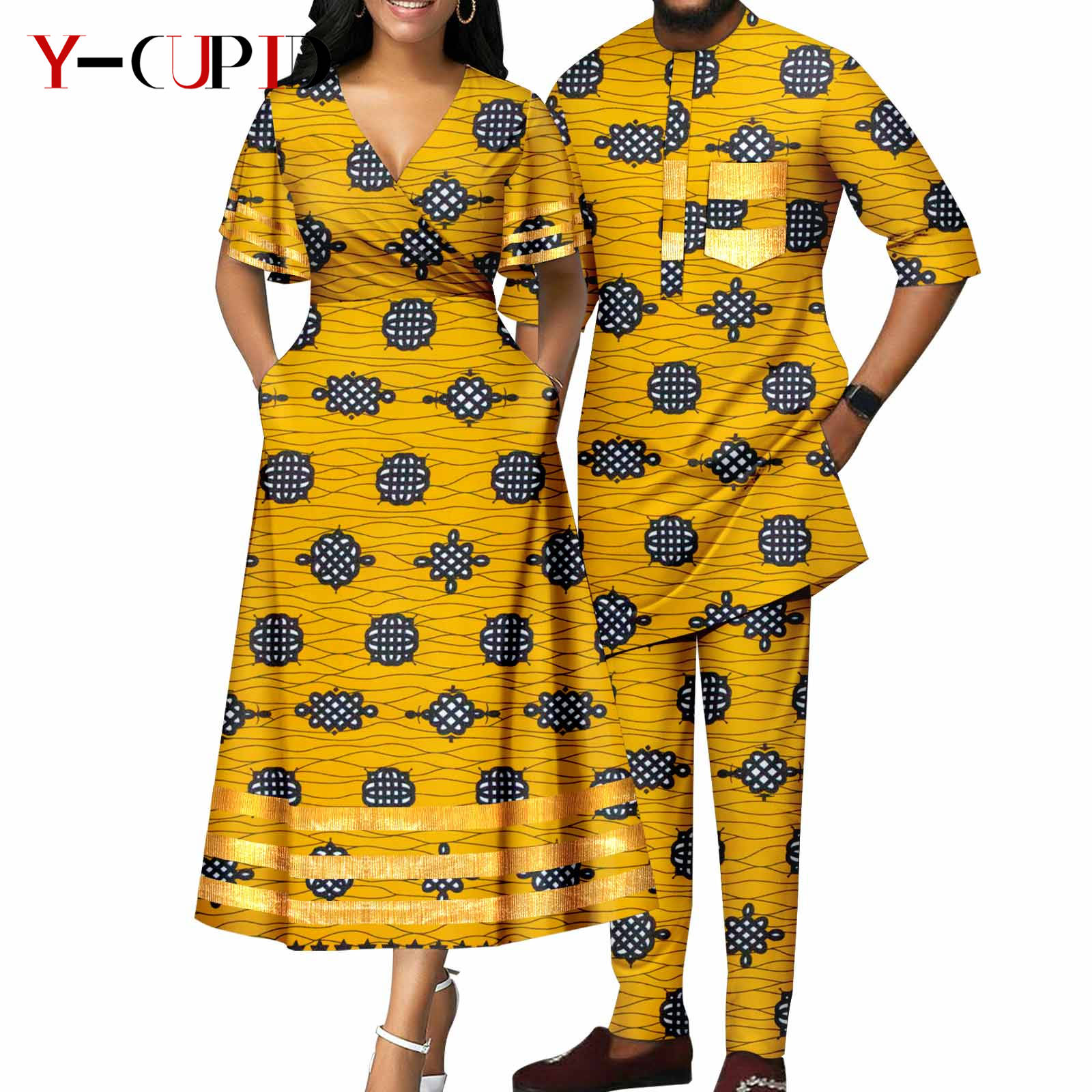African Print V-neck Dresses for Women Couple Matching Men Outfits Top and Pant Sets Dashiki Bazin Riche Lover Outwear Y23C086