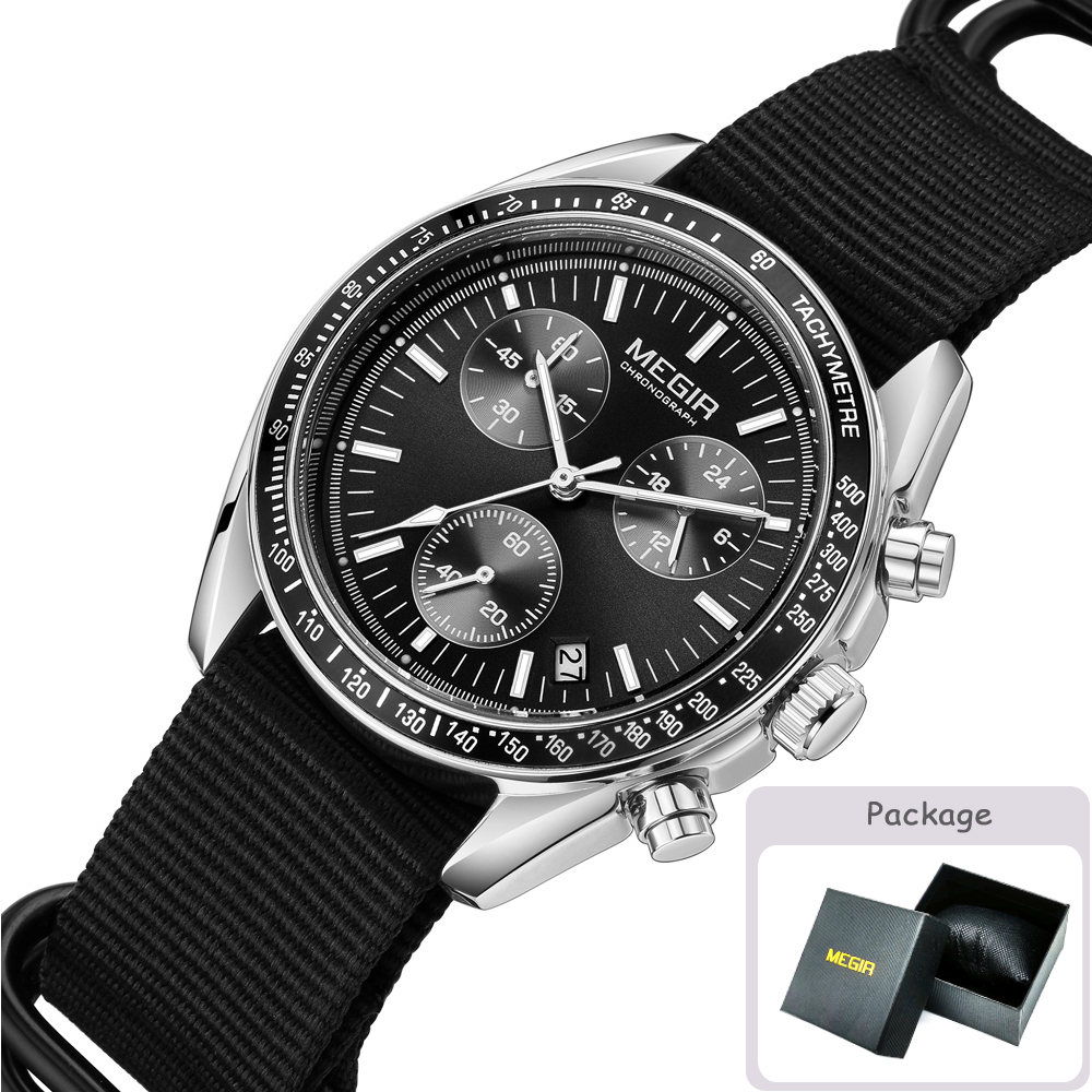 MEGIR New Luxury Men's Watches Canvas Weaving Strap Sport Automatic Chronograph Quartz Waterproof Wristwatch for Male 2247