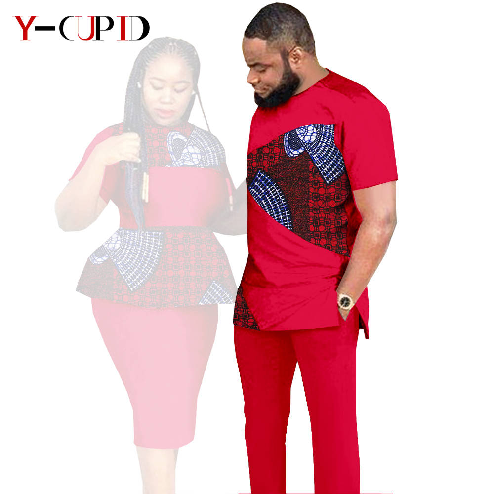 African Clothes for Couples Dashiki Women Patchwork Print Dresses Matching Men Outfit Top and Pants Sets Love Party Wear S20C010