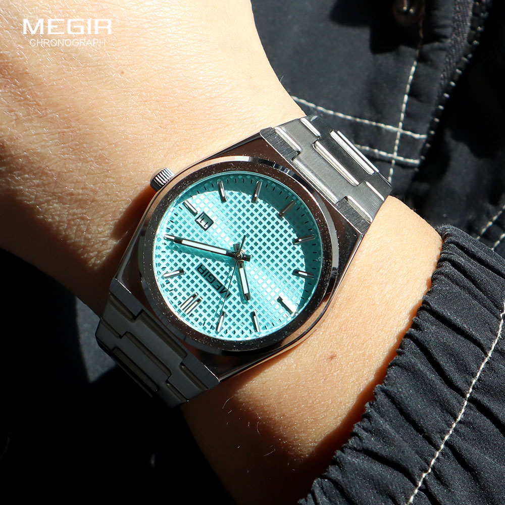 MEGIR Fashion Analog Quartz Watch for Men Steel Strap Dress Waterproof Luminous Wristwatch with Calendar Aquamarine Dial 1086