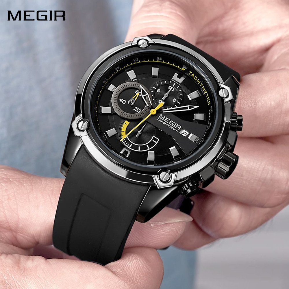 MEGIR Chronograph Luxury Brand Men Sports Watches Silicone Strap Quartz Casual Wristwatch Waterproof Calendar Reloj Hombre 2086