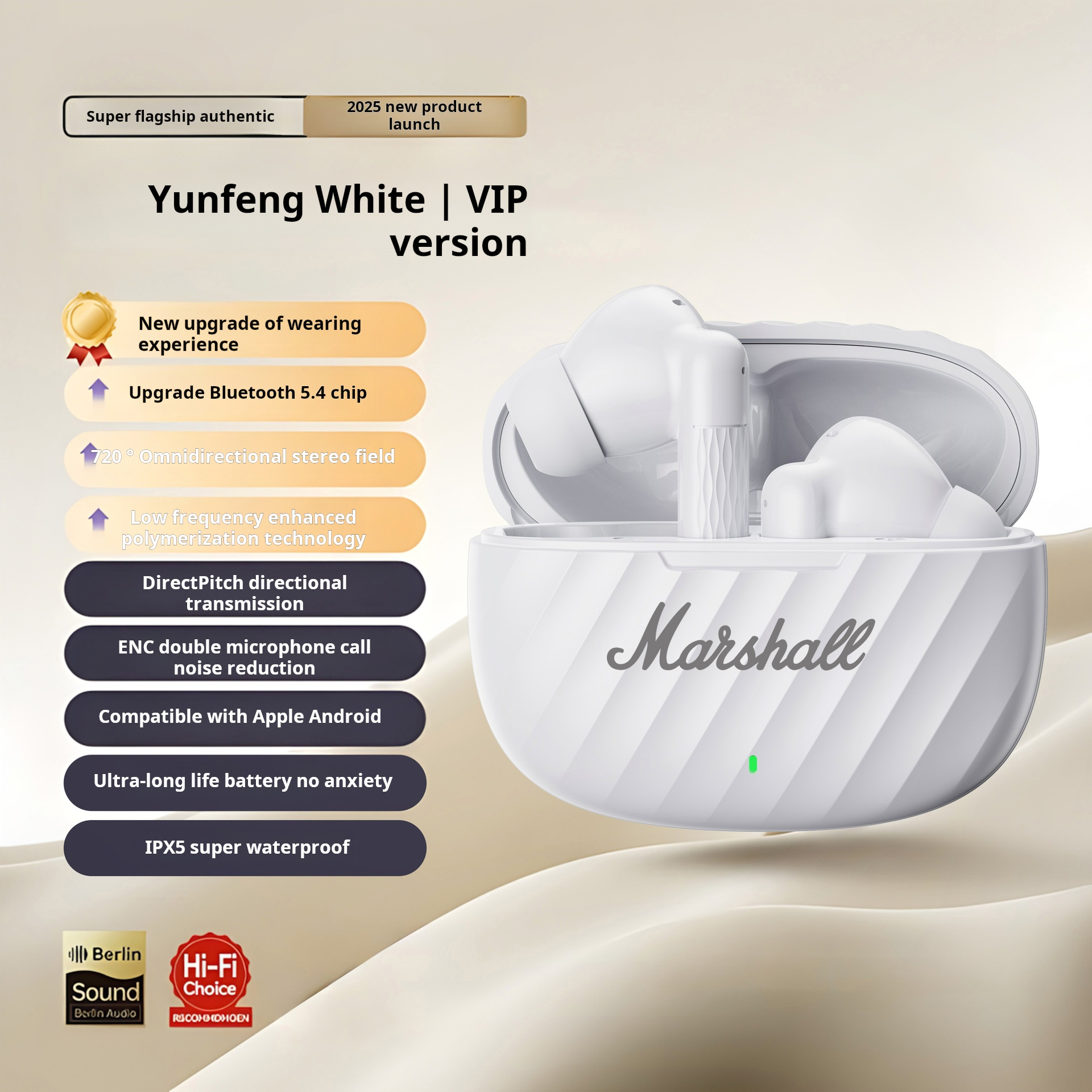 Marshall Bluetooth Headset In-Ear Wireless Sport Headphones HiFi Stereo Earphone With Mic Earbuds For for Android and Apple