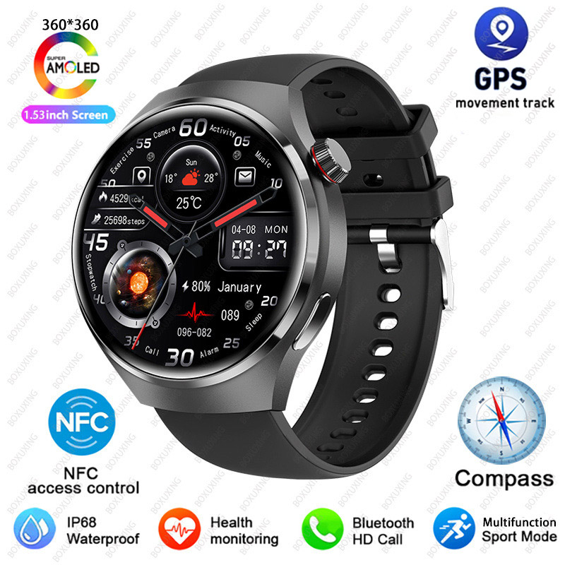 2025 New Watch 4 Pro GPS NFC Smart Watch Men 360*360 AMOLED Screen Heart Rate Bluetooth Call Waterproof Sports Man Smartwatch