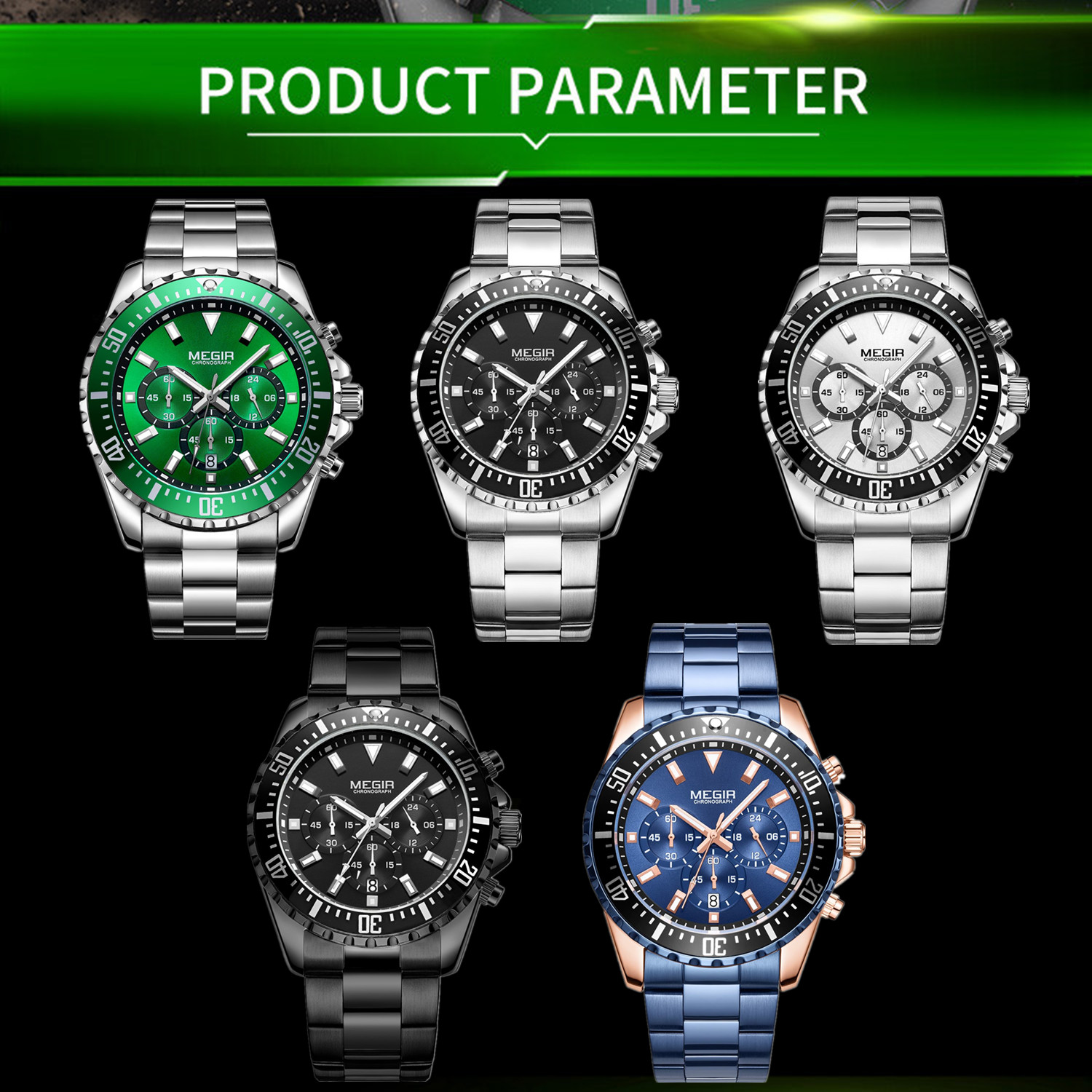 MEGIR Original Luxury Men Business Quartz Watches Stainless Steel Chronograph Military Wristwatch Clock Relogio Masculino 2064