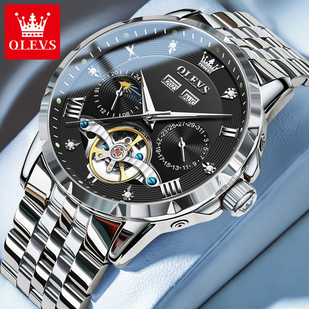 OLEVS Skeleton Multifunctional Men's Watch Automatic Mechanical Luxury Wrist Watch For Men Waterproof Stainless Steel Strap 6691