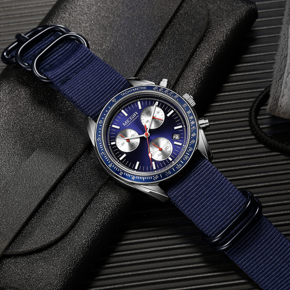 MEGIR Quartz Chronograph Watches Men Waterproof Sport Wristwatch Men's with Fashion Nylon Strap Luminous Pointers Date Male Gift