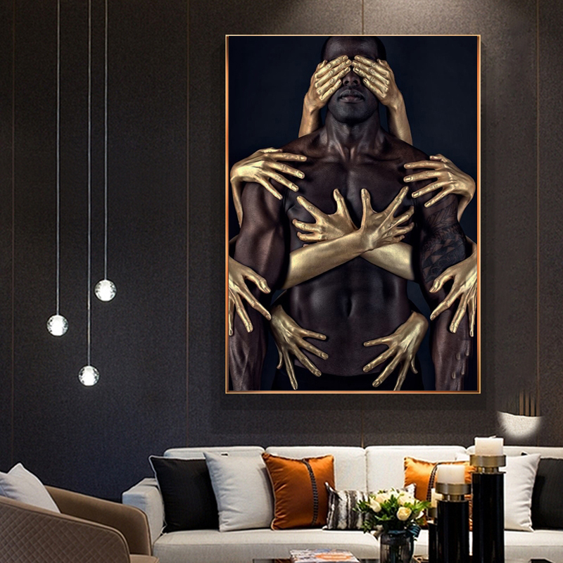 African Art Black Gold Nude Embrace Canvas Paintings Wall Art Posters and Prints Man Woman Wall Pictures for Living Room Cuadros