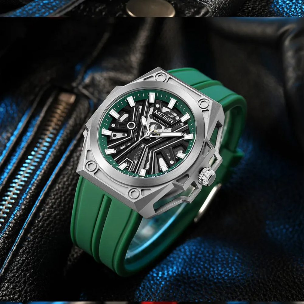 MEGIR 8603 Fashion Automatical Watch for Men Military Sport Waterproof Mechanical Skeleton Dial Silicone Strap Watches for Man