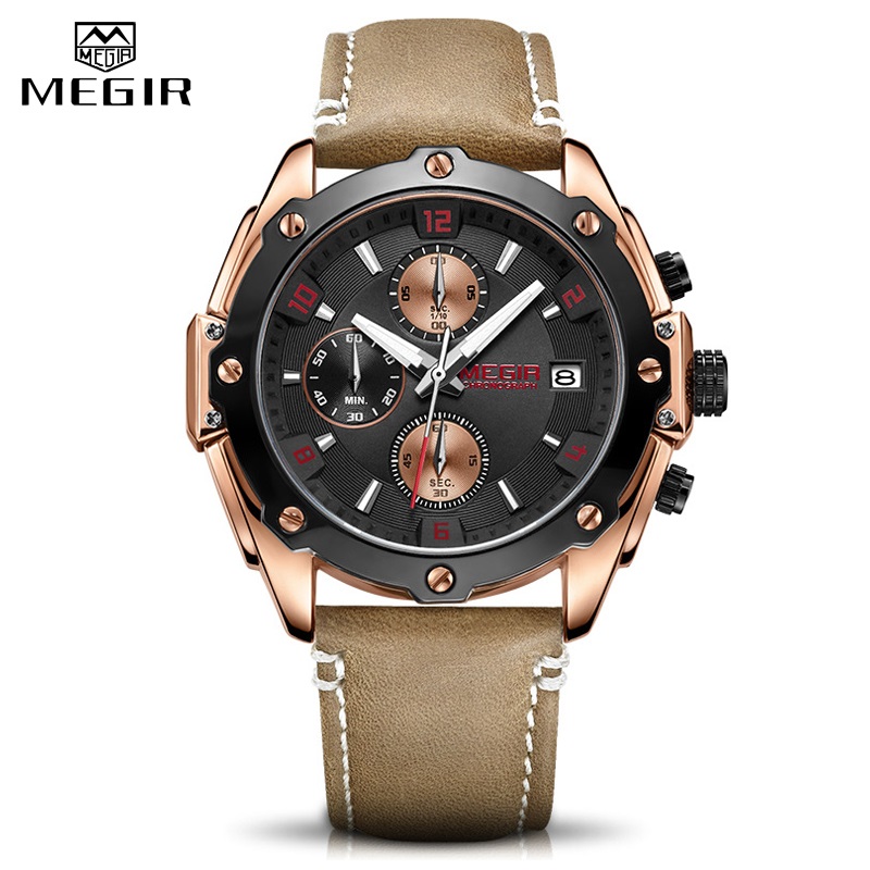 Men's Army Military Wrist Watch MEGIR Men Luxury Blue Watch Leather Sports Watches Mens Business Waterproof Quartz Clock Relogio
