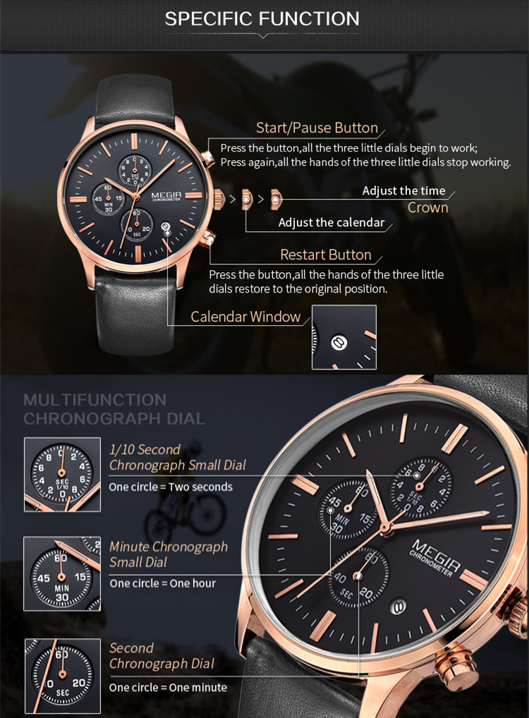 MEGIR 2011 Classic Men Quartz Watch Leather Strap Calendar Chronograph Luminous Waterproof Business Luxury Watches