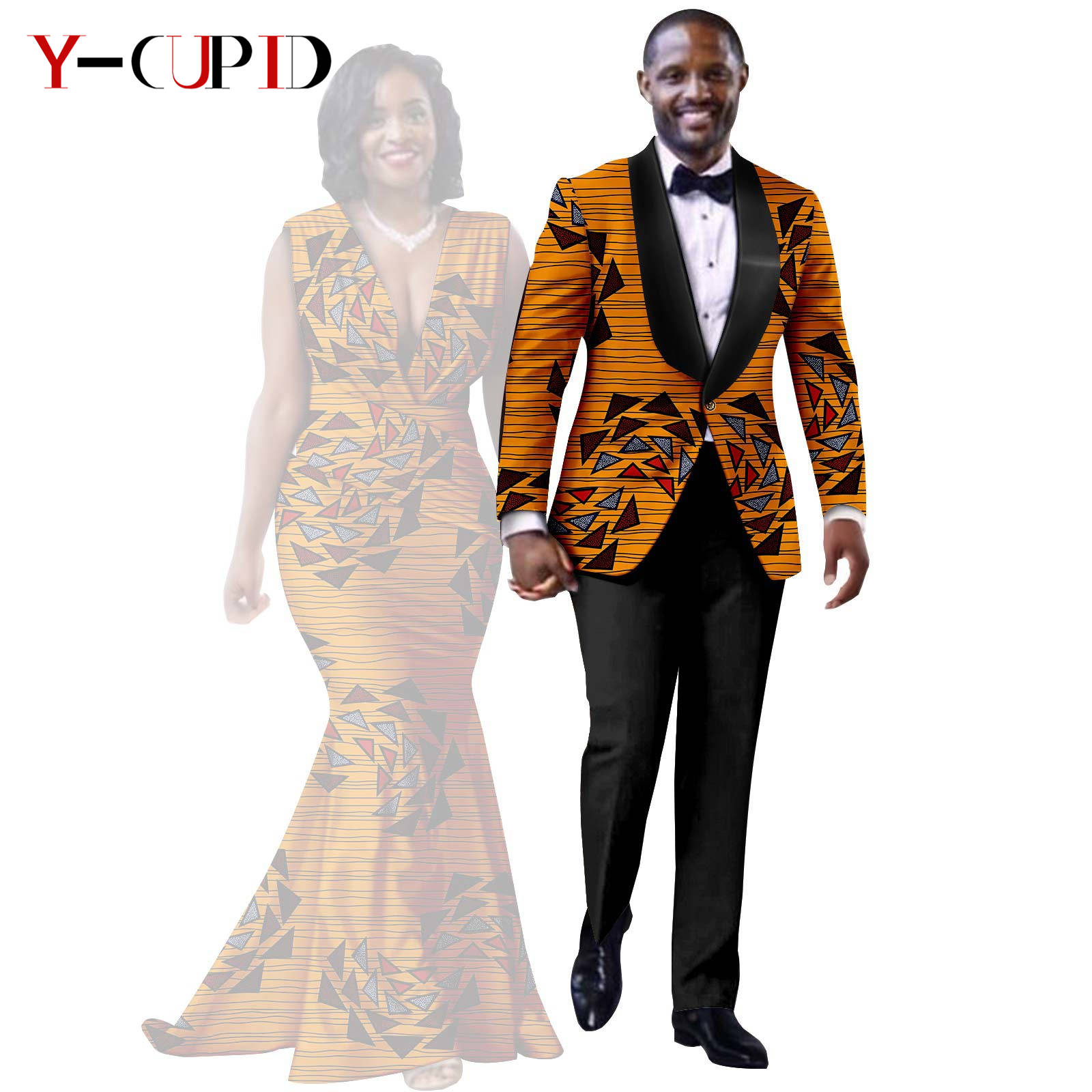 African Print Long Mermaid Dresses for Women Matching Couple Clothes Men Suits Top and Pant Sets Dashiki Party Wedding 25C005