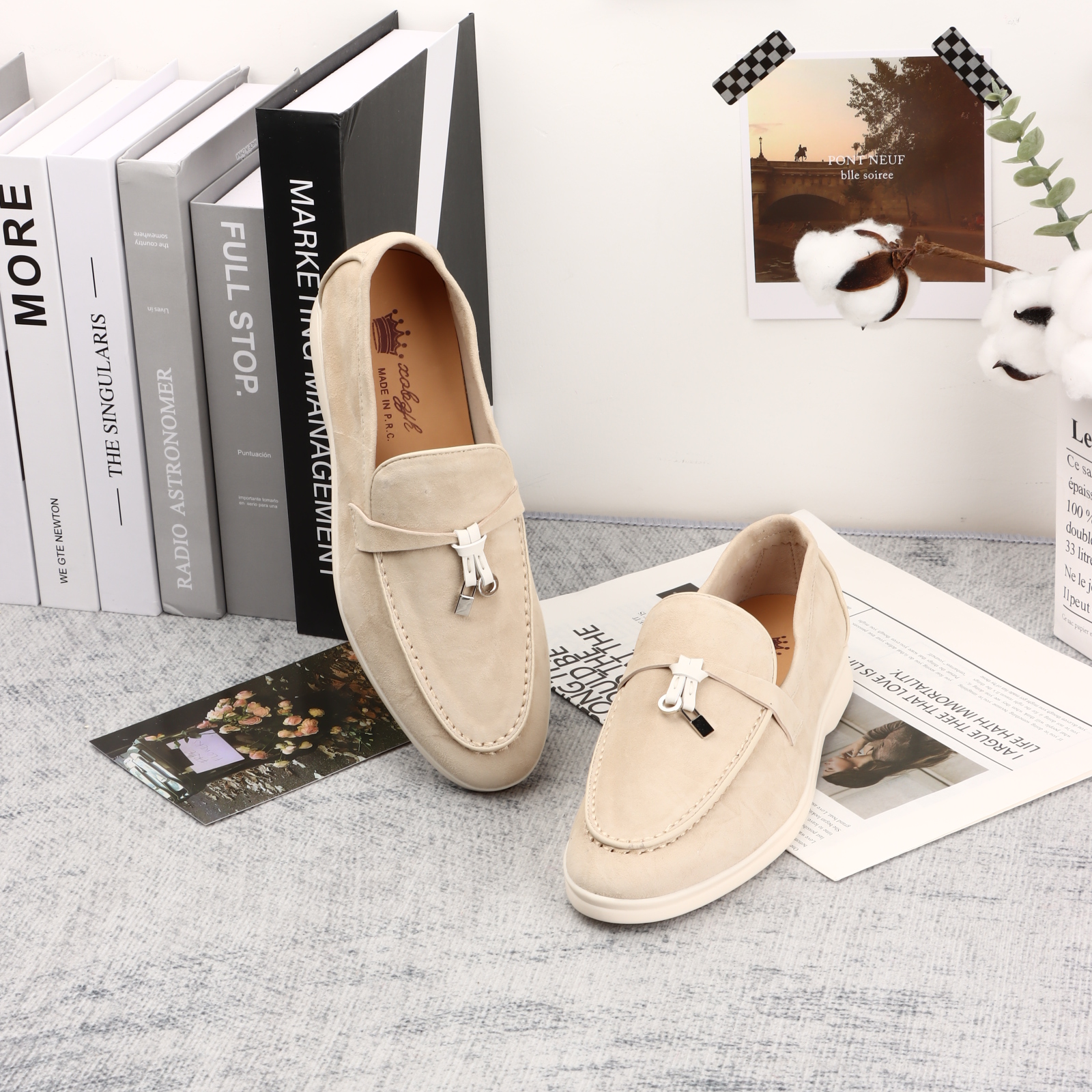 Women's loafers, leather white edged flat shoes, casual brand men's shoes, luxury designer boutique shoes