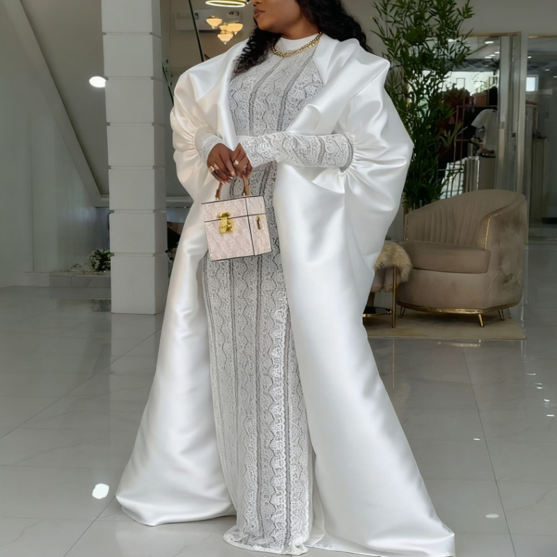 Two Pieces Set Loose Africa Clothing Kaftan Boubou Maxi Gown for Women Inside Lace Dresses with Cape Occasion Autumn New Fashion