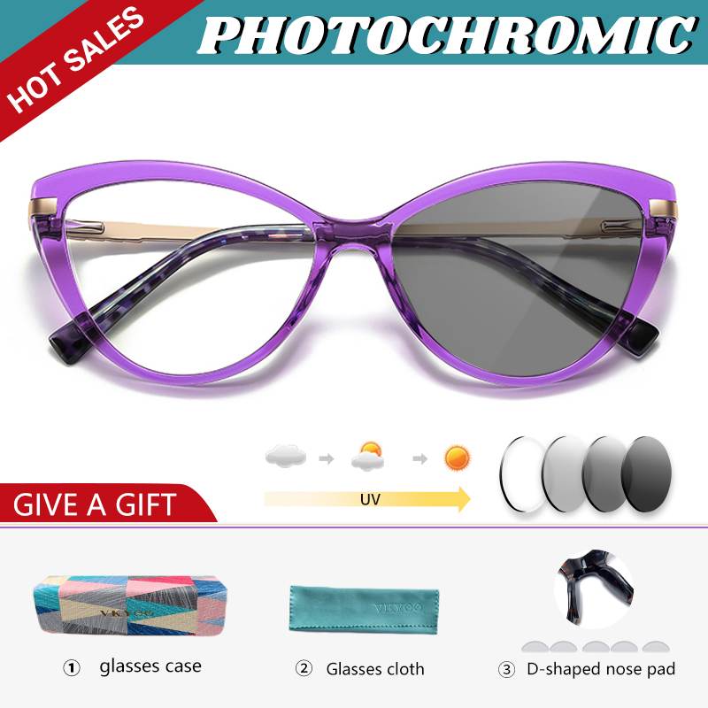 VKYEE Cat Eye Photochromic Anti Blue Ray Reading Glasses Women Myopia Hyperopia Prescription Custom Optical Eyeglasses PFD2111