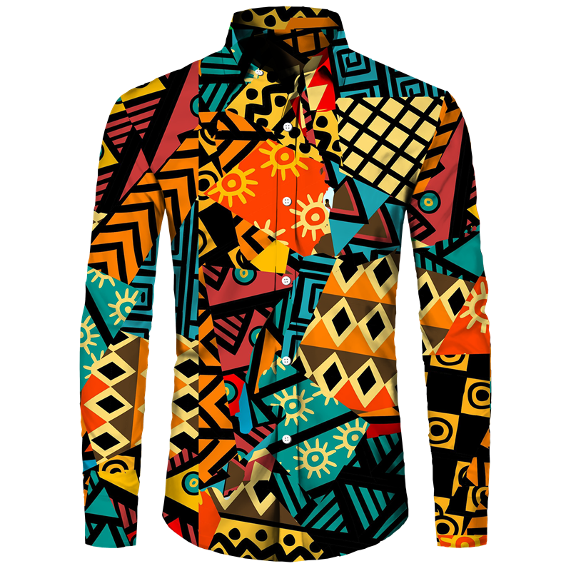 African Ethnic Pattern Hawaiian Shirts For Men Retro Drum 3D Printed Blouse Autumn Fashion Casual Loose Aloha Shirts Long Sleeve