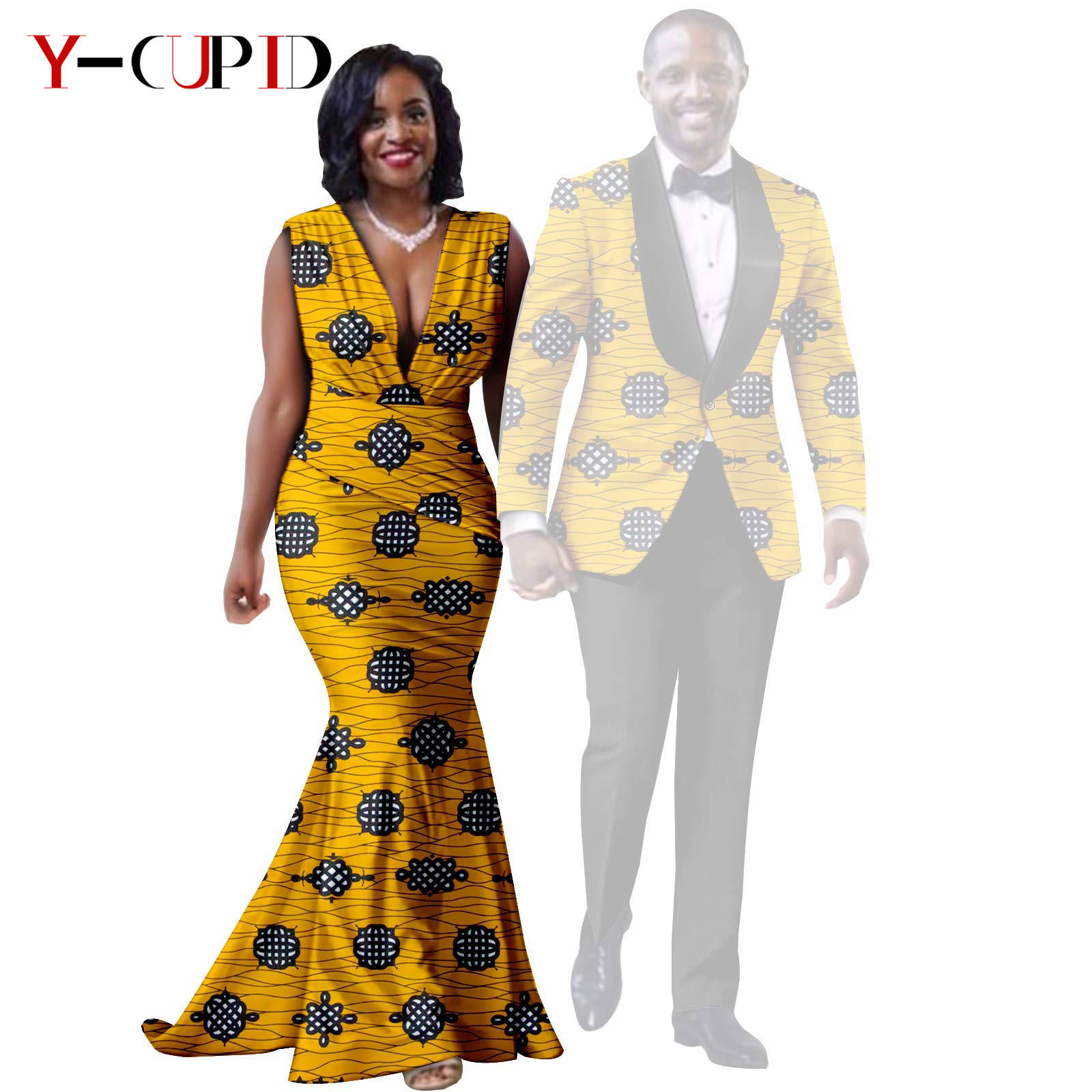 African Print Long Mermaid Dresses for Women Matching Couple Clothes Men Suits Top and Pant Sets Dashiki Party Wedding 25C005