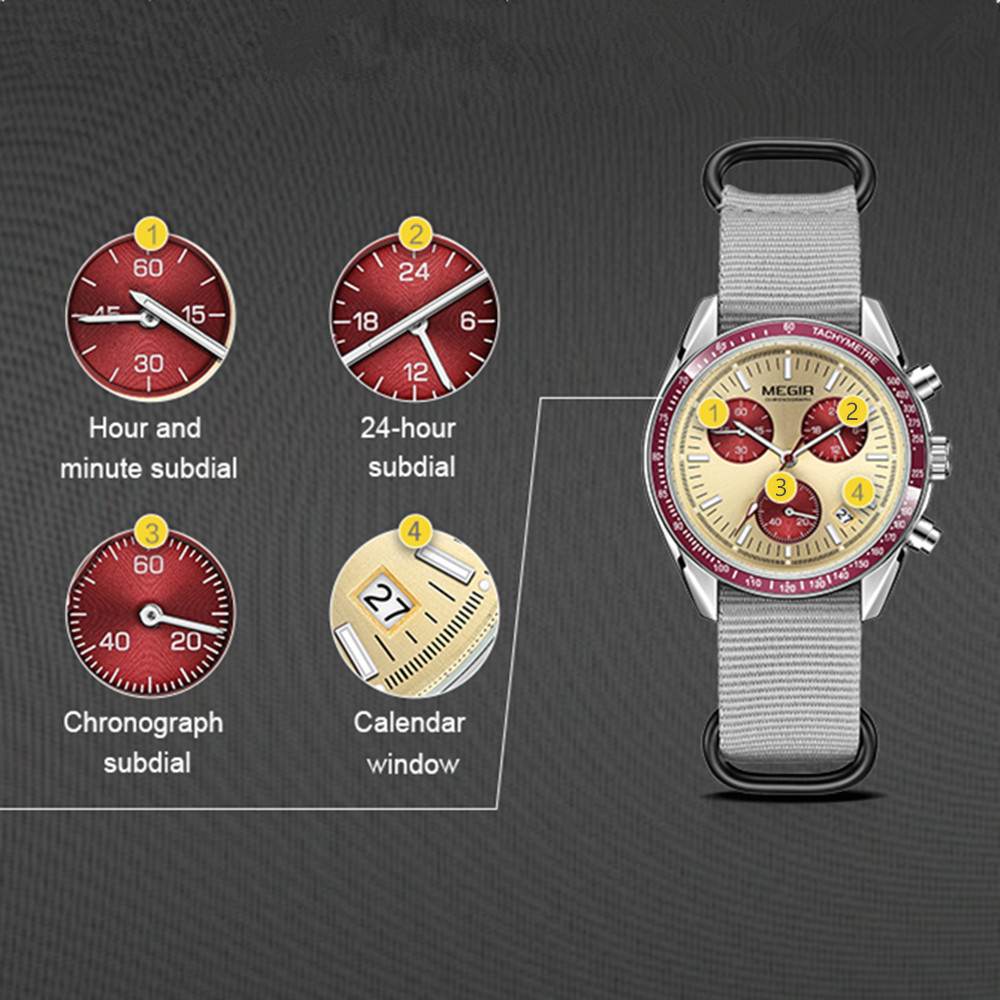 MEGIR Men's Watch Fashion Canvas Sports Wristwatch Waterproof Quartz Military Chronograph Date 24-hour Display Reloj Hombre 2247