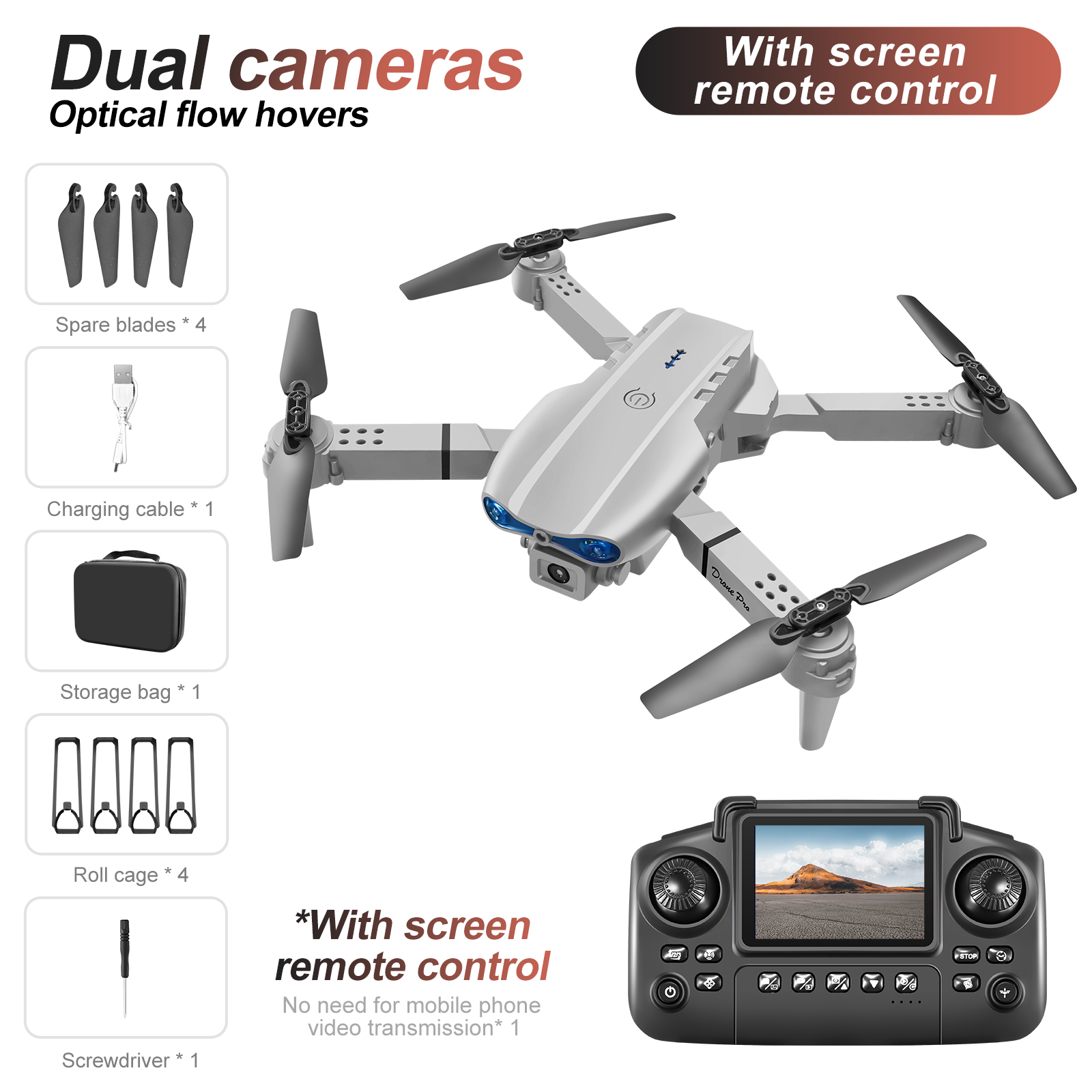 New E88 Drone Remote Control with Screen 4K Dual Camera Optical Flow Localization 2.4G RC Quadcopter One-button Take-off Drones