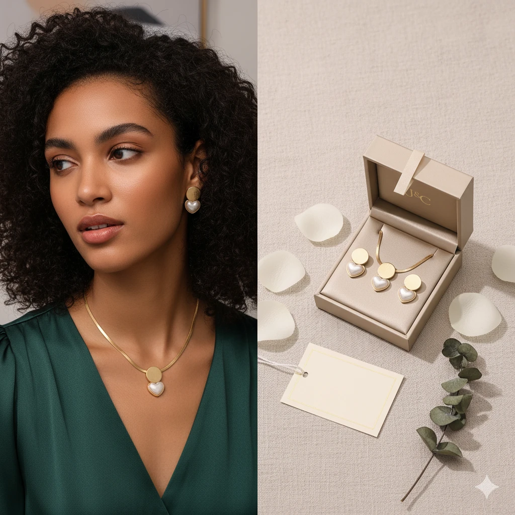 Gold Pearl Heart Jewelry Set - Necklace and Earrings Matching Set with Mother of Pearl Hearts