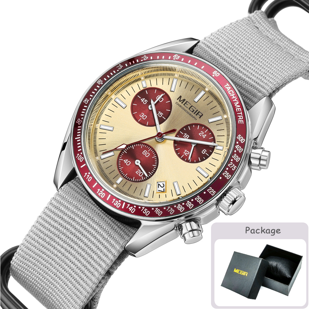 MEGIR New Luxury Men's Watches Canvas Weaving Strap Sport Automatic Chronograph Quartz Waterproof Wristwatch for Male 2247