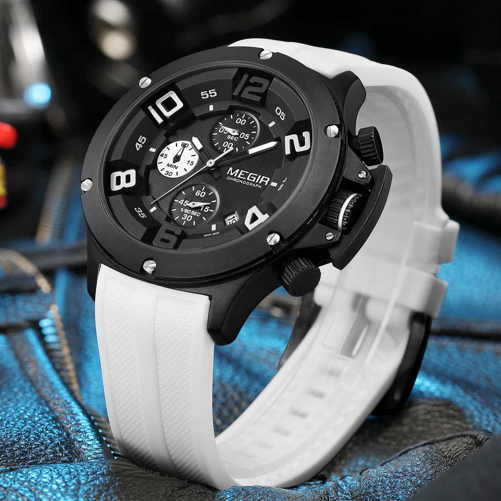 MEGIR 2025 Fashion Men's Silicone Strap Watch Luxury Calendar Chronograph Quartz Wristwatches Military Sport Luminous Clock Male