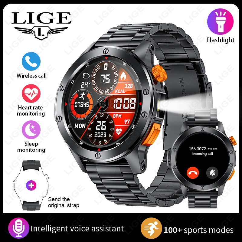 LIGE Fashion Smart Watch Men Voice Assistant Bluetooth Call Heart Rate Monitoring IP68 Waterproof LED Flashlight Men SmartWatch