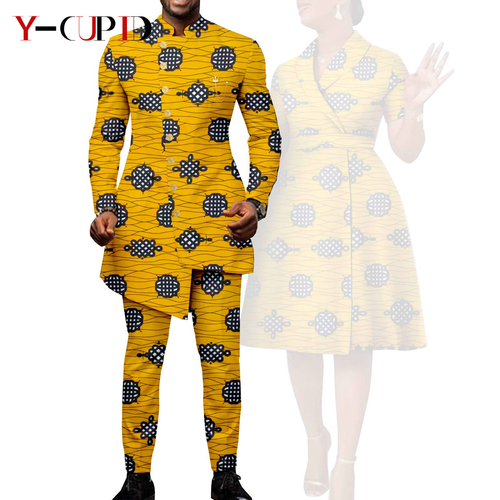 African Suits for Men Single Breasted Fit Jackets Matching Couple Outfits Bazin Riche Dashiki Print Dresses Trench Coats Y23C007
